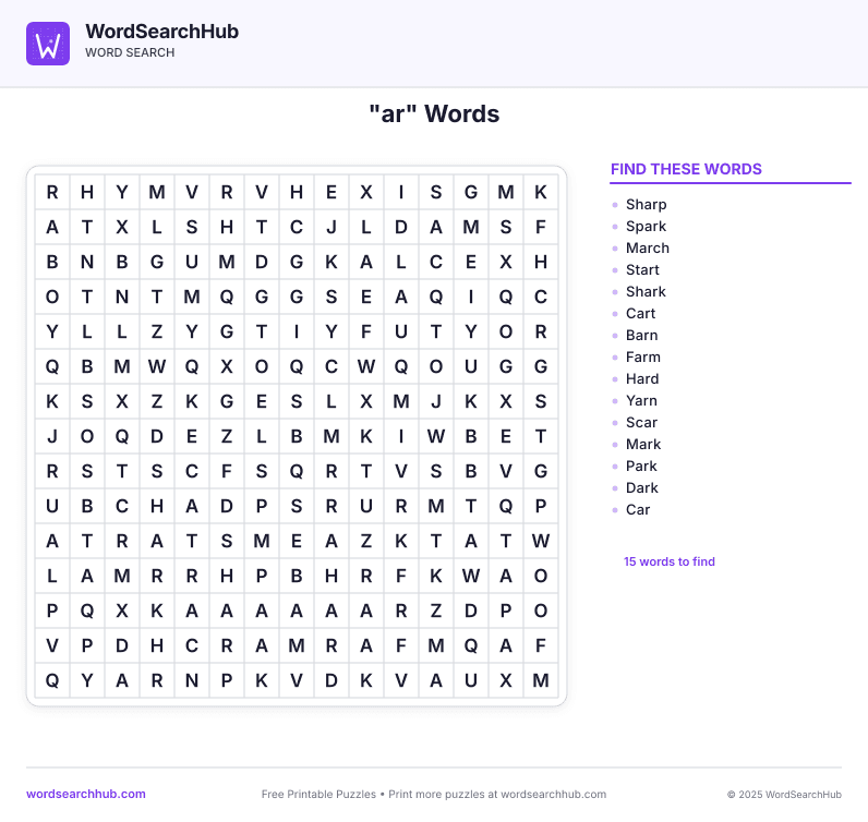 "ar" Words printable word search preview