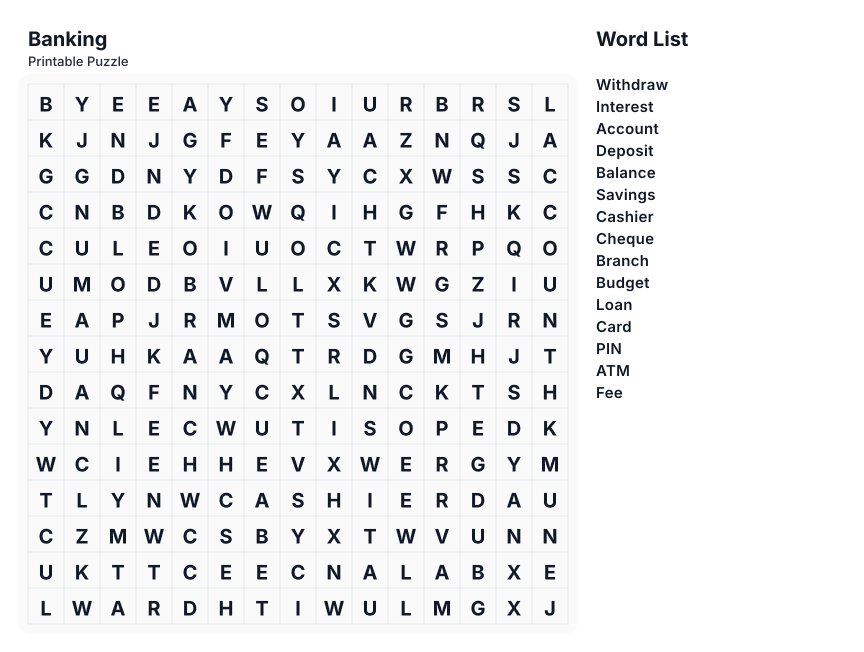 Banking printable word search preview