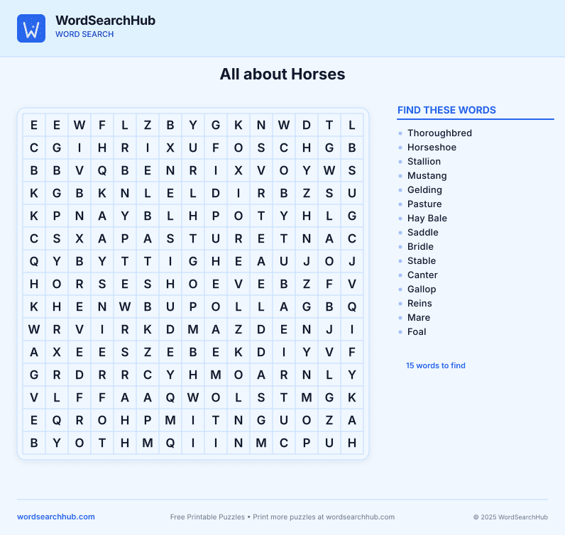 All about Horses printable word search preview