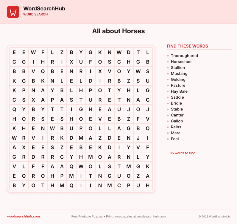 All about Horses printable word search preview