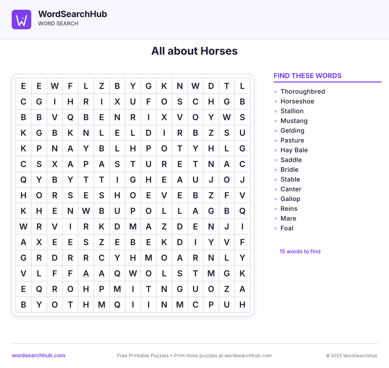 All about Horses printable word search preview