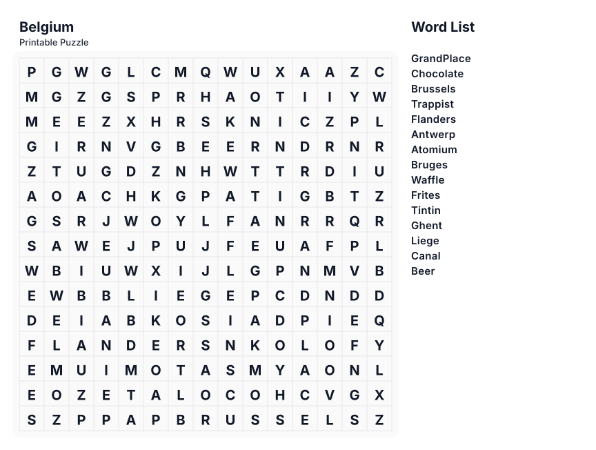 Belgium printable word search preview