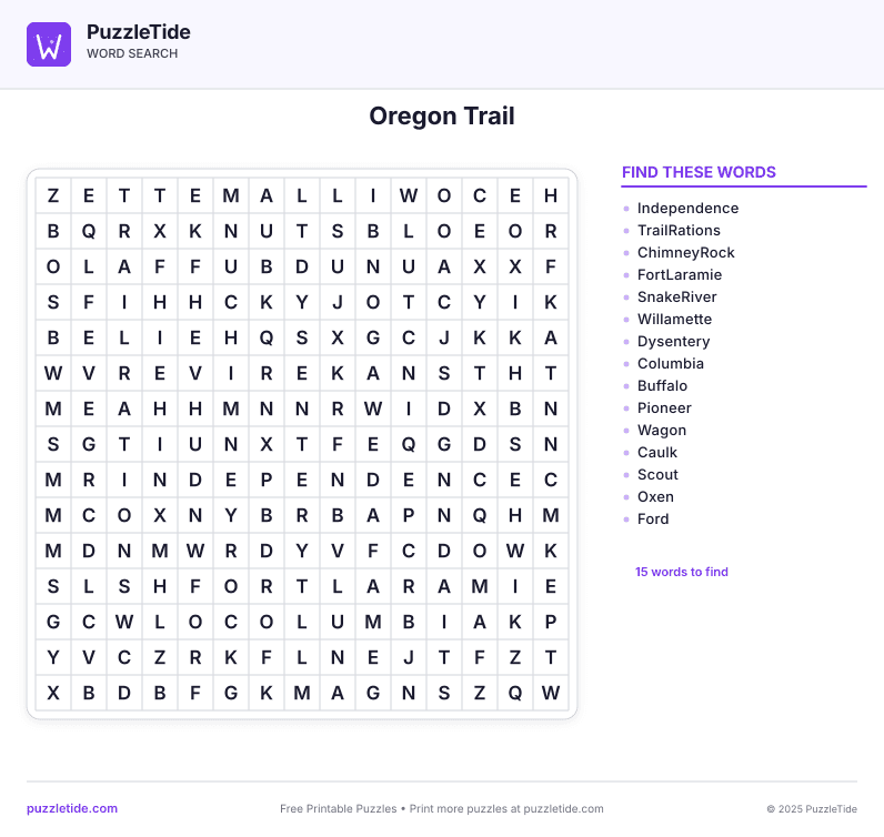 Oregon Trail printable word search preview