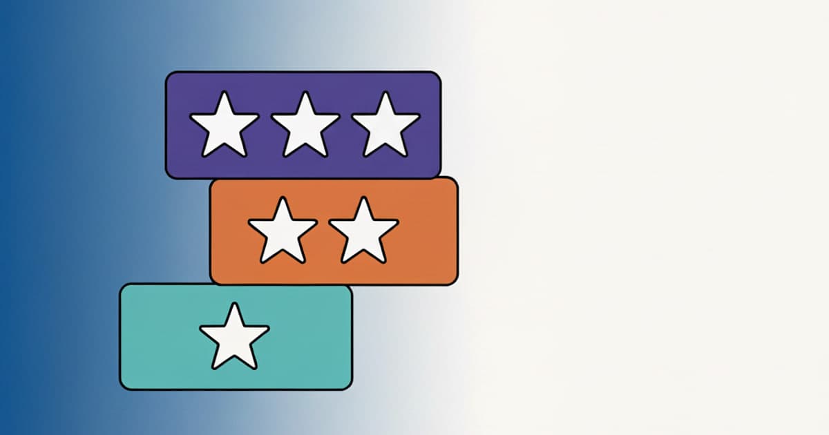 Three stacked cards with one, two, and three stars on a calm blue gradient.