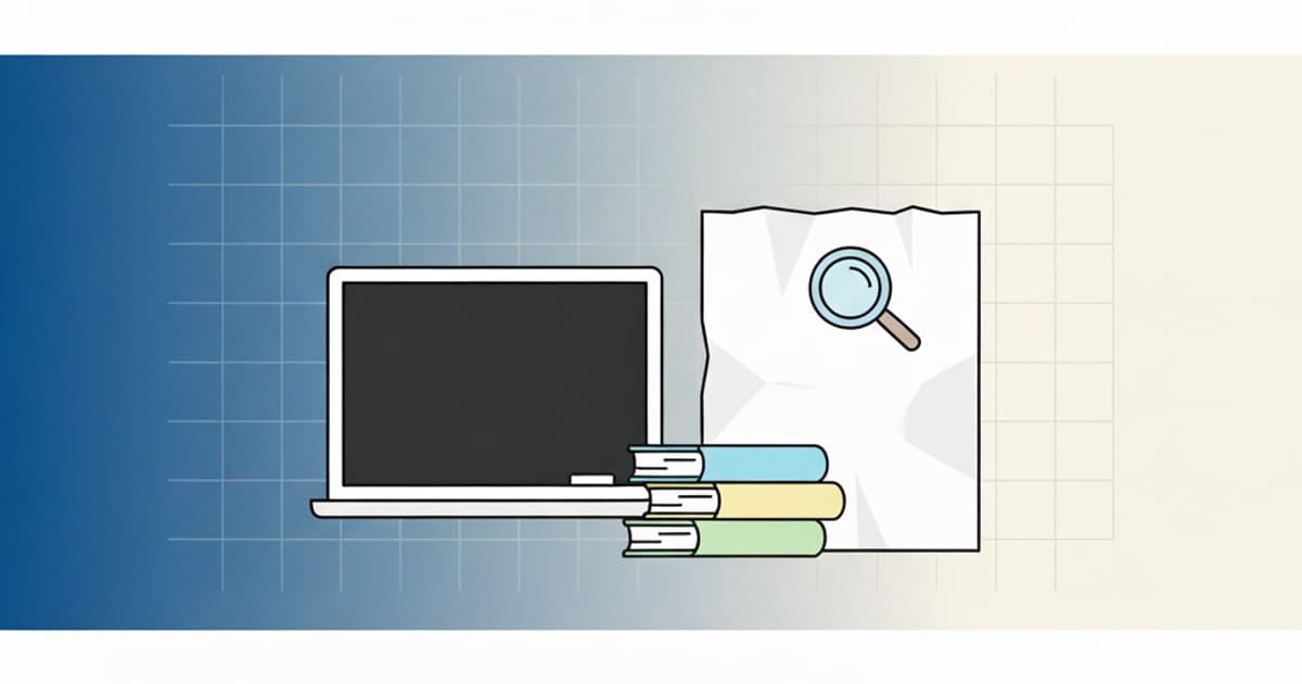 A laptop and stacked books next to a blank worksheet illustration.