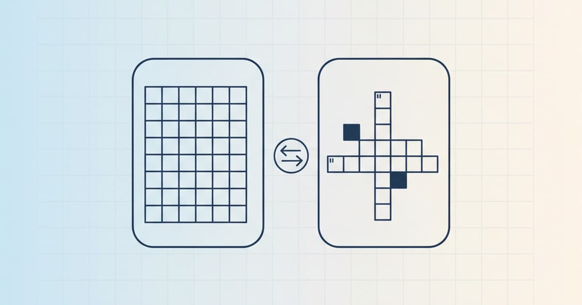 Two puzzle cards side by side: a word-search grid and a crossword grid with a small swap icon.