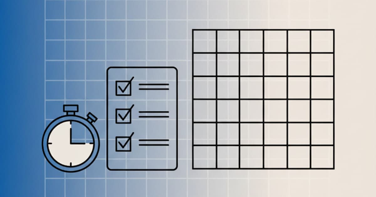 A stopwatch icon next to a checklist and a blank puzzle grid.