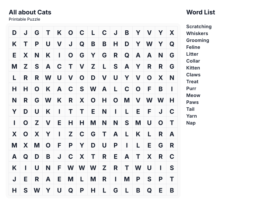 Preview of All about Cats word search puzzle - printable version