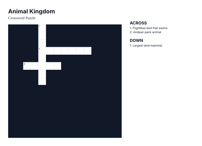 Preview of Animal Kingdom crossword puzzle - printable version