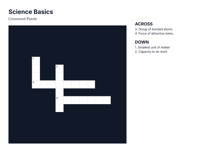 Preview of Science Basics crossword puzzle - printable version