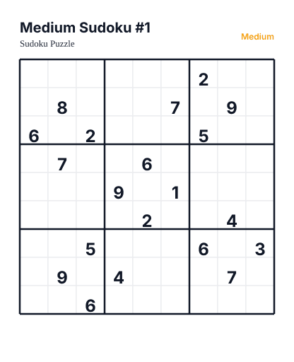 Preview of Medium Sudoku #1 sudoku puzzle - printable version