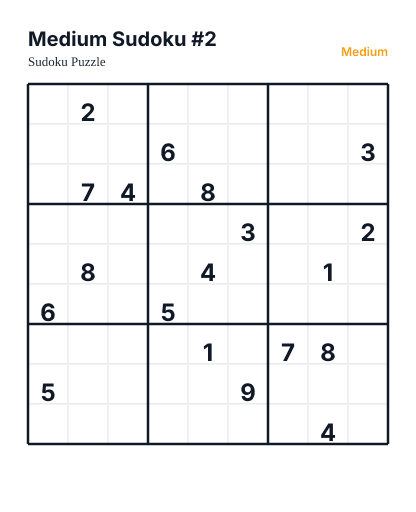 Preview of Medium Sudoku #2 sudoku puzzle - printable version