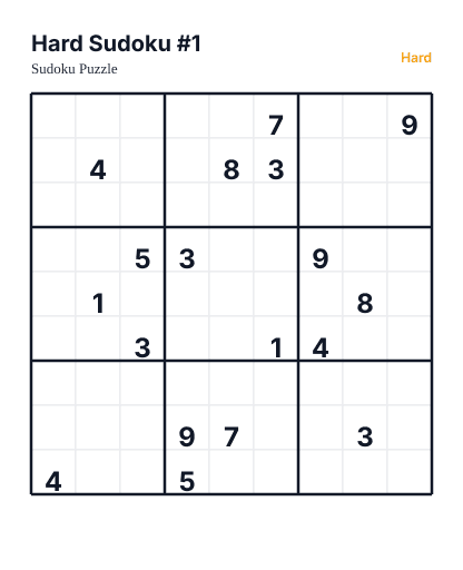 Preview of Hard Sudoku #1 sudoku puzzle - printable version