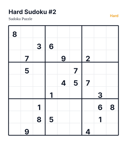 Preview of Hard Sudoku #2 sudoku puzzle - printable version
