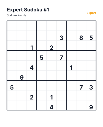 Preview of Expert Sudoku #1 sudoku puzzle - printable version