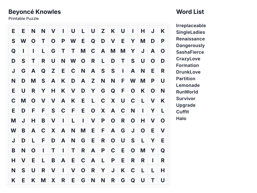 Beyoncé Knowles printable word search preview