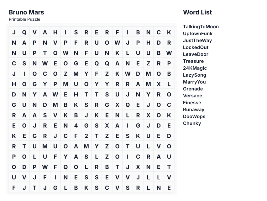 Bruno Mars printable word search preview