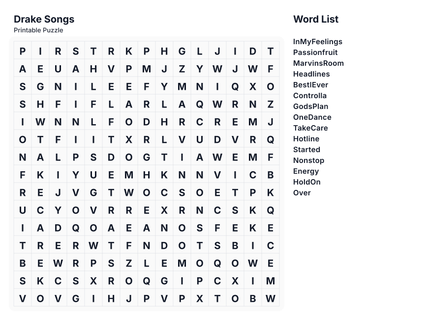 Drake Songs printable word search preview