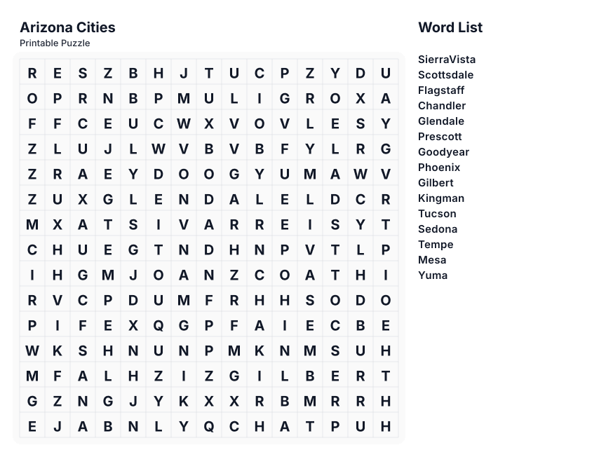 Arizona Cities printable word search preview