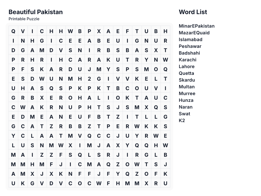 Beautiful Pakistan printable word search preview