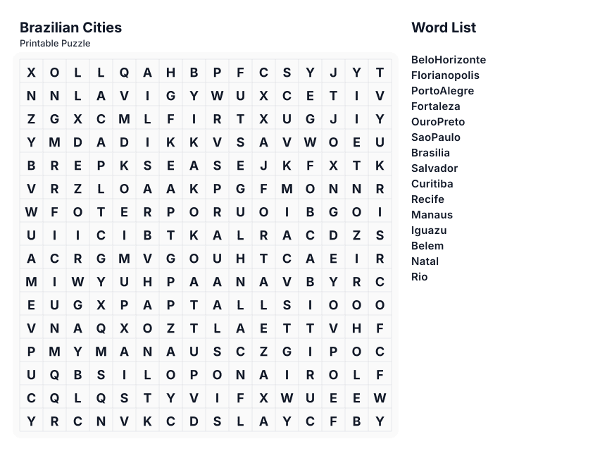 Preview of Brazilian Cities word search puzzle - printable version