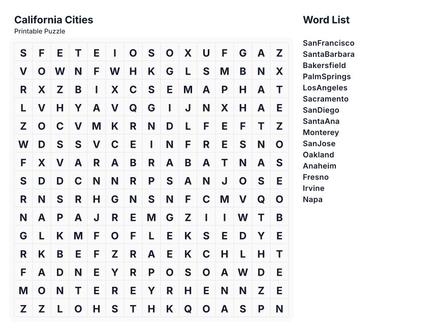 California Cities printable word search preview