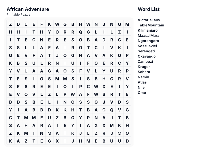 African Adventure printable word search preview