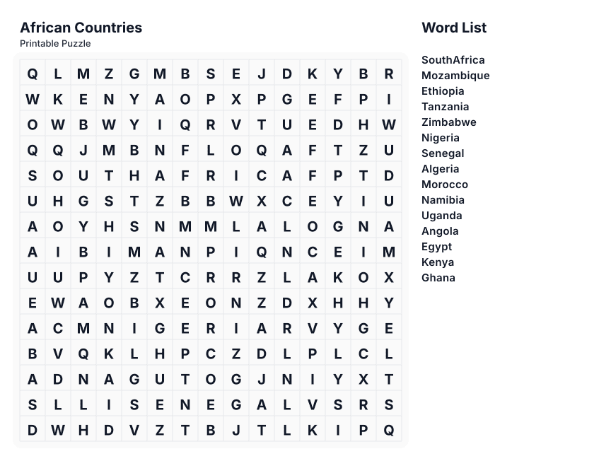 Preview of African Countries word search puzzle - printable version