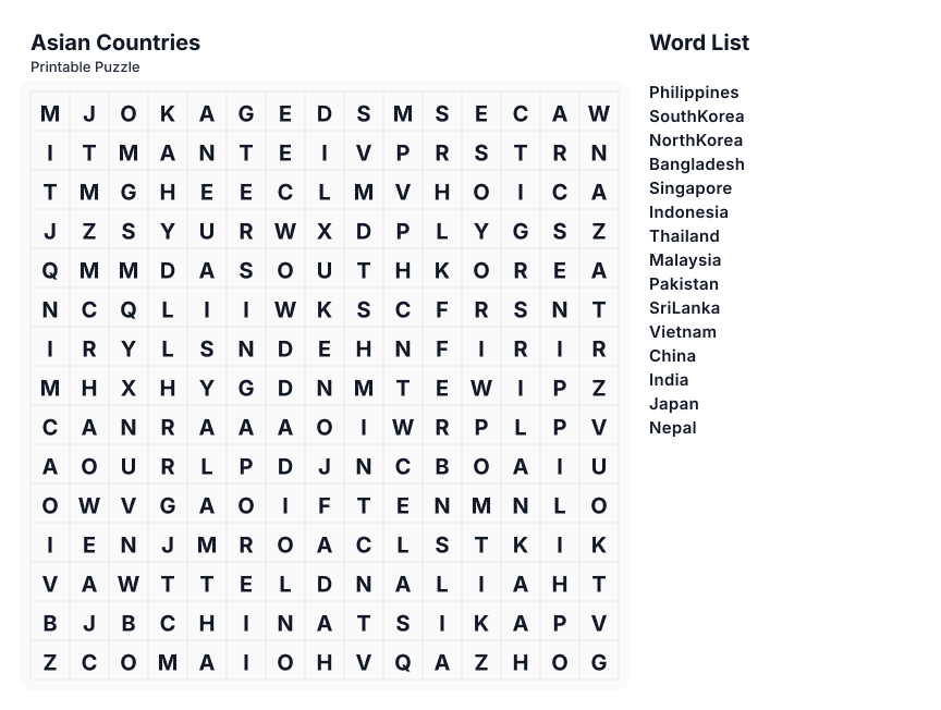 Asian Countries printable word search preview
