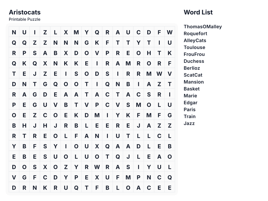Aristocats printable word search preview