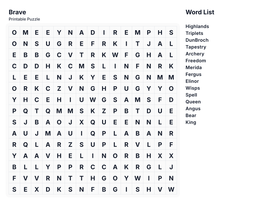 Brave printable word search preview