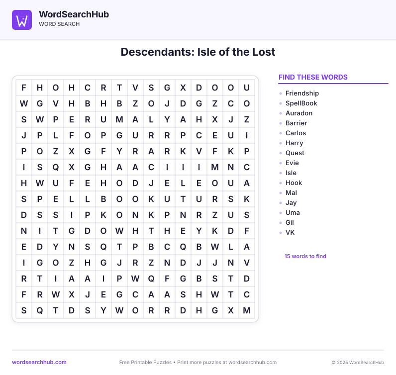Descendants: Isle of the Lost printable word search preview