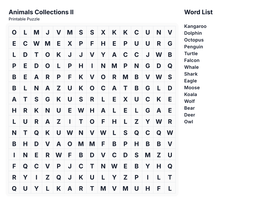 Preview of Animals Collections II word search puzzle - printable version