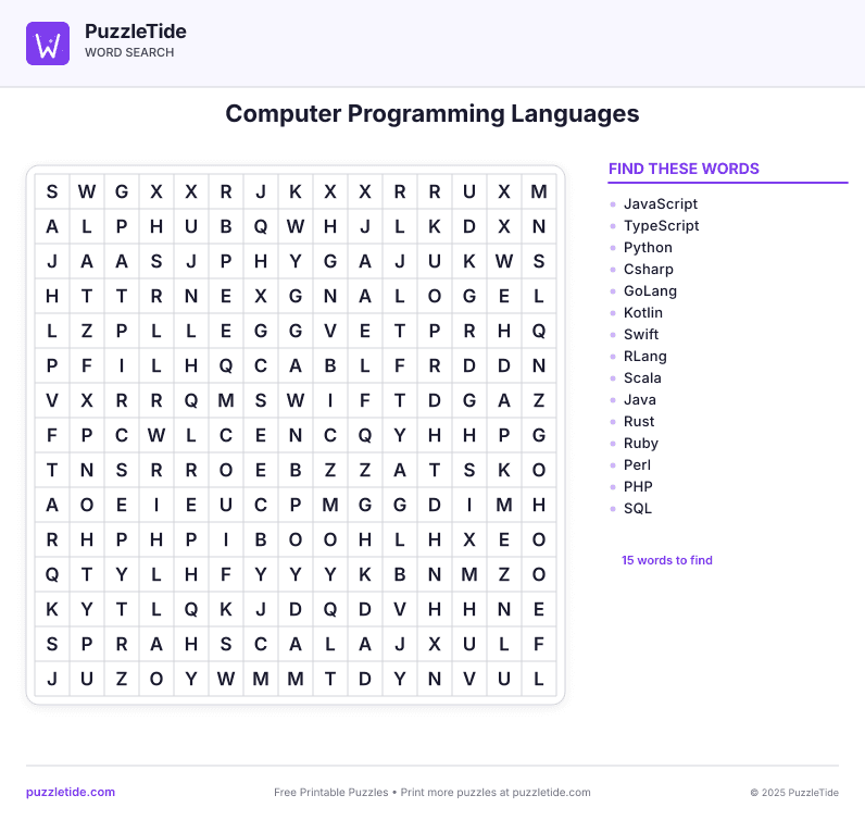Preview of Computer Programming Languages word search puzzle - printable version