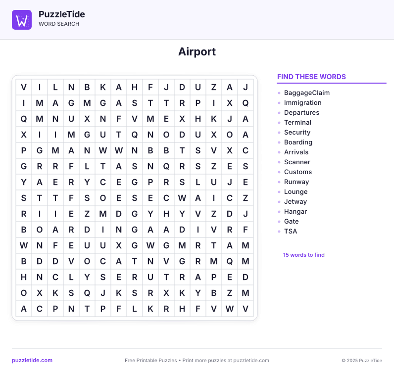 Preview of Airport word search puzzle - printable version