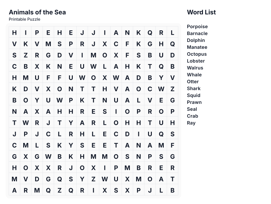 Preview of Animals of the Sea word search puzzle - printable version