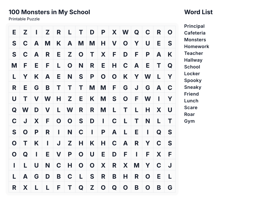 100 Monsters in My School printable word search preview