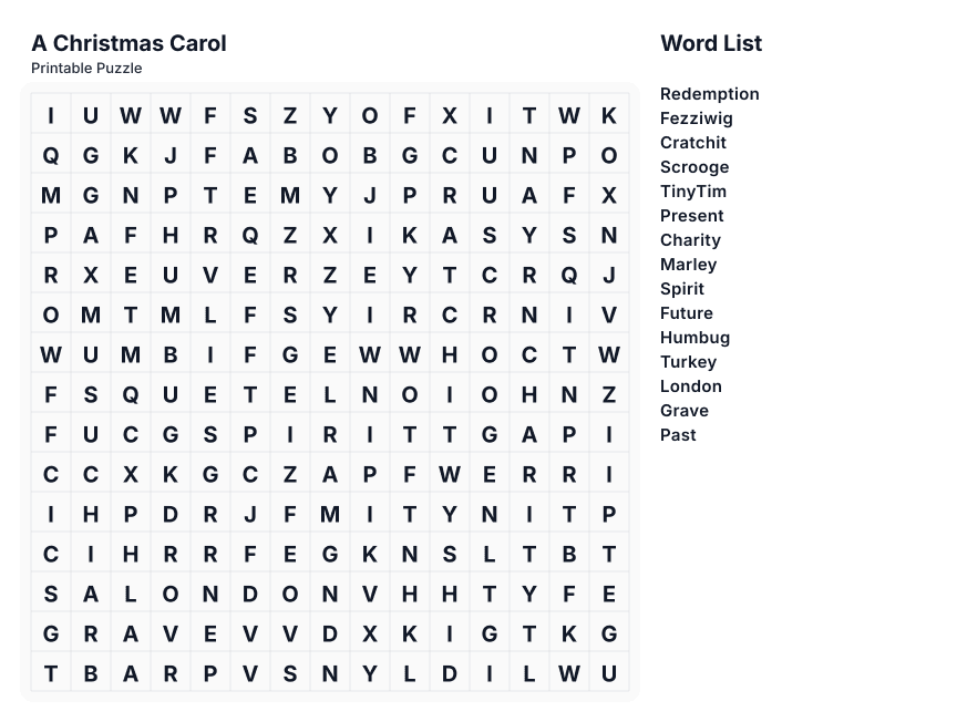 A Christmas Carol printable word search preview