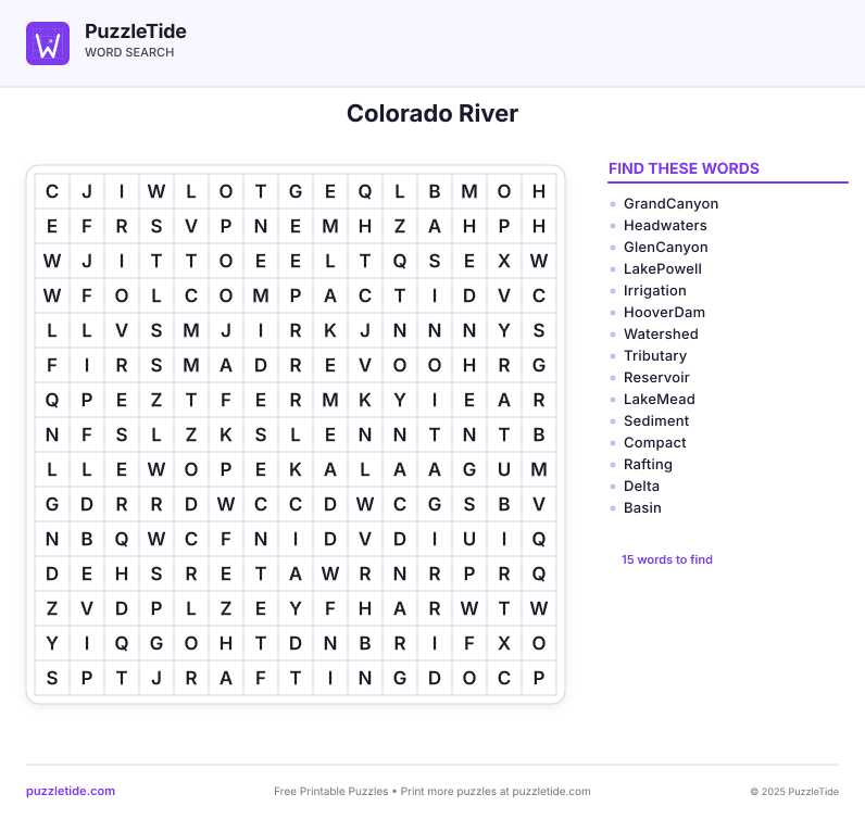 Preview of Colorado River word search puzzle - printable version