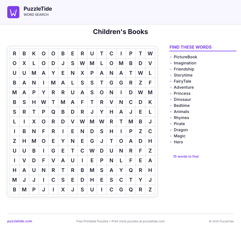 Preview of Children's Books word search puzzle - printable version