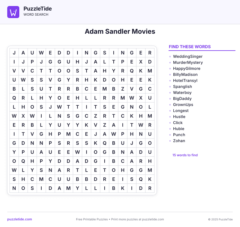 Preview of Adam Sandler Movies word search puzzle - printable version