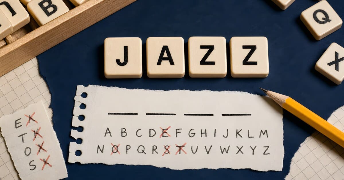 Wooden tiles spelling JAZZ above four blank word-game slots and a row of crossed-out letter guesses.