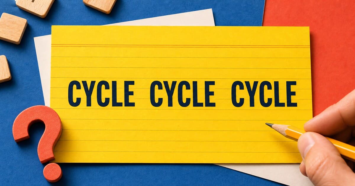 Three repetitions of the word CYCLE form a rebus puzzle on a yellow card beside a question mark.