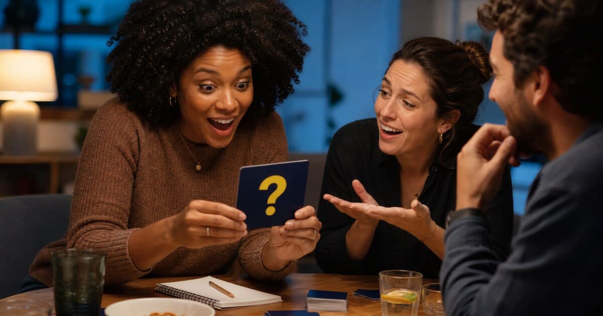 Three adults react with surprise and delight to a question-mark card during a riddle game.