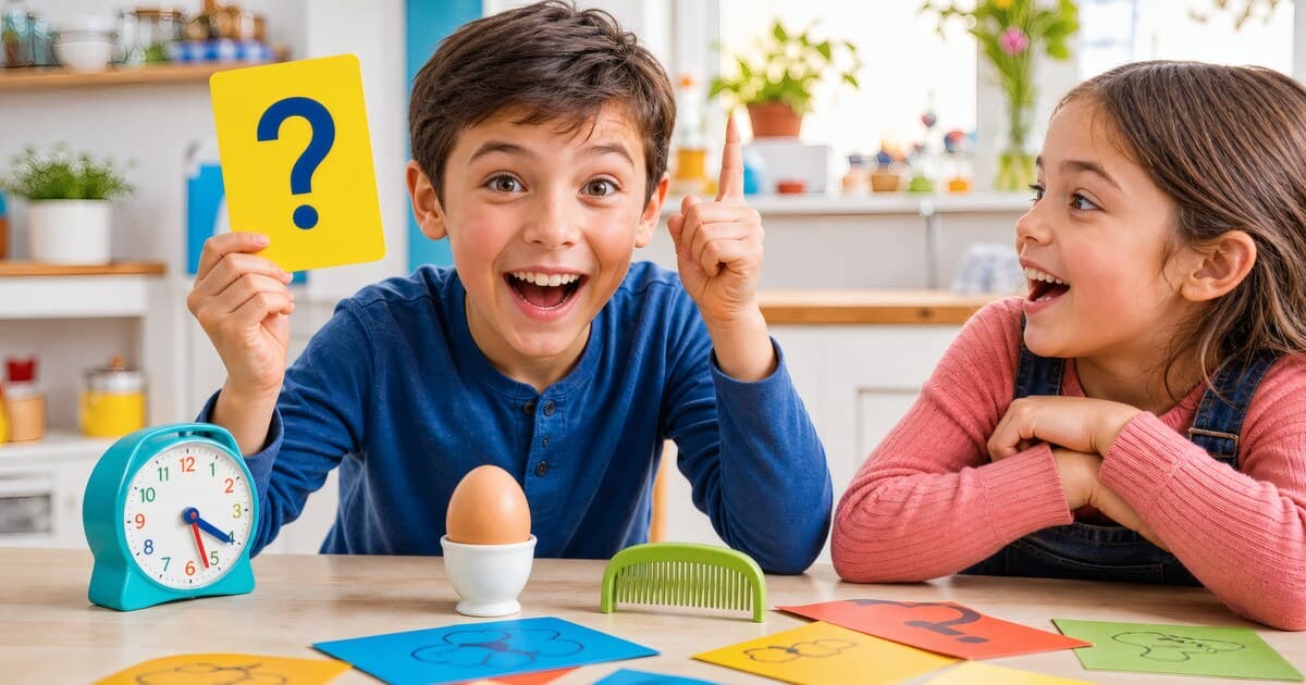 Two smiling kids solve riddles with a question-mark card, clock, egg, and comb on the table.