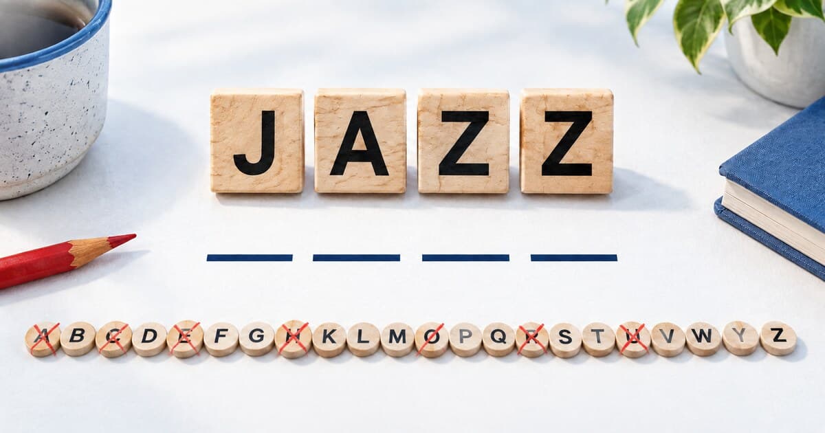 Letter tiles spelling JAZZ above blank hangman slots and a row of crossed-out wrong guesses.